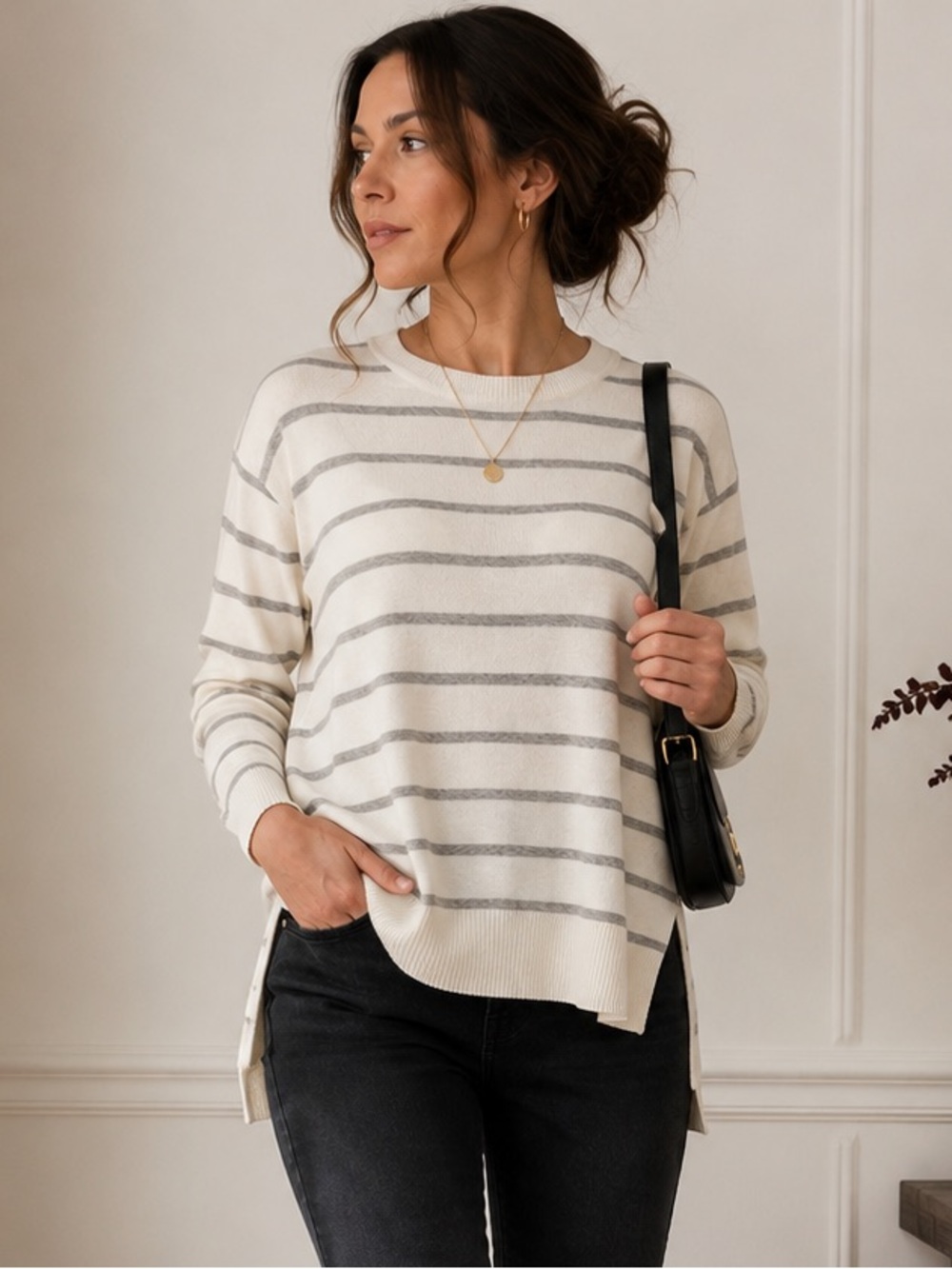 Caslon Nordstrom Size L Striped High Low Sweater Ivory Gray
